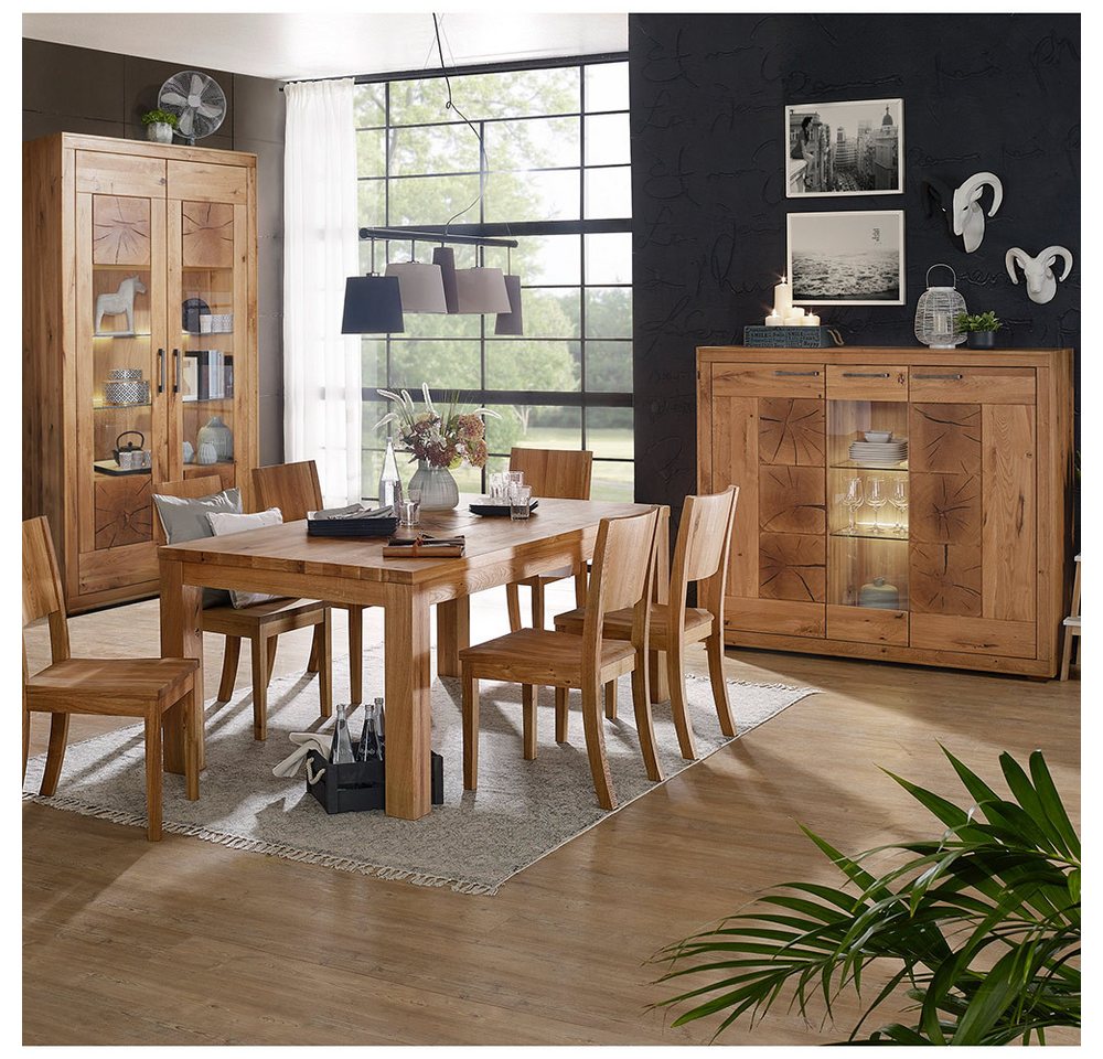 Lomadox Esszimmer-Set WINNIPEG-69, (Spar-Set, 3-St., Vitrine Highboard Esstisch), mit 160cm Tisch, Eiche massiv geölt mit Hirnholz-Details von Lomadox