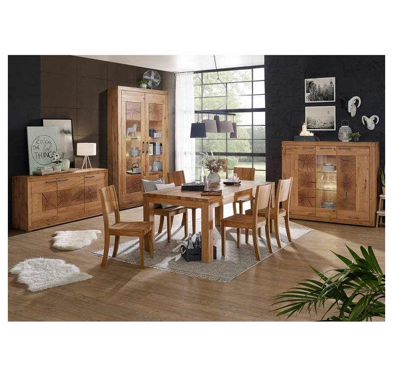 Lomadox Esszimmer-Set WINNIPEG-69, (Spar-Set, 4-St., Sideboard Vitrine Highboard Esstisch), mit 180cm Tisch, Eiche massiv geölt mit Hirnholz-Details von Lomadox