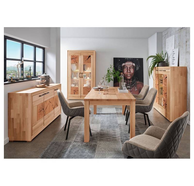 Lomadox Esszimmer-Set WINNIPEG-69, (Spar-Set, 4-St., Sideboard Vitrine Highboard Esstisch Beleuchtung), mit 180cm Tisch, Kernbuche massiv geölt mit Hirnholz-Details, LED von Lomadox