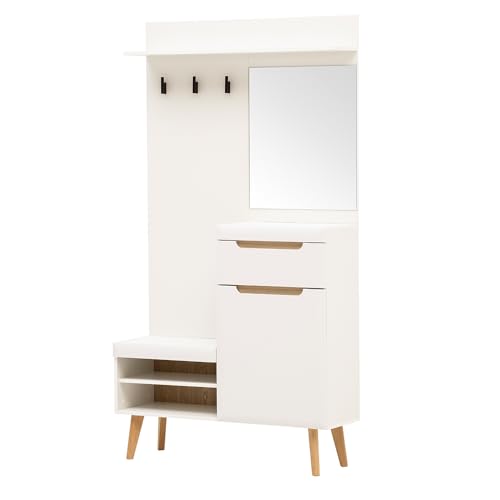 Lomadox Flur-Garderobe mit 107cm Breite in Weiß Matt mit Eiche, mit Spiegel Lomadox Flur-Garderobe mit 107cm Breite in Weiß Matt mit Eiche, mit Spiegel von Lomadox