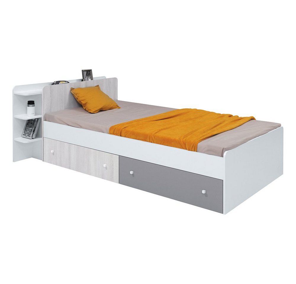 Lomadox Funktionsbett COLLINS-133, 90x200, 2 Bettschubladen auf Rollen, Regal, weiß, grau von Lomadox