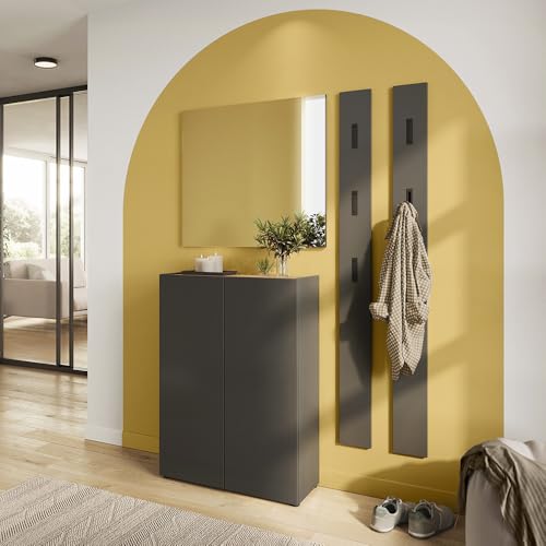 Lomadox Gardenroben Komplett Set 4-teilig in Graphit mit Eiche, griffloses Design Schuhschrank 74cm breit Spiegel 2 Paneele Flurgarderobe von Lomadox