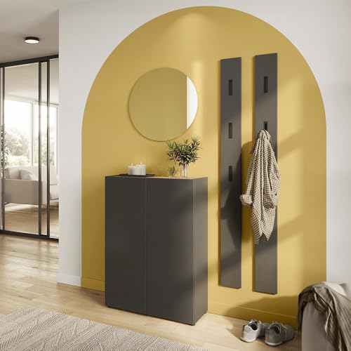 Lomadox Gardenroben Komplett Set 4-teilig in Graphit mit Eiche, griffloses Design Schuhschrank 74cm breit Spiegel rund 2 Paneele Flurgarderobe von Lomadox