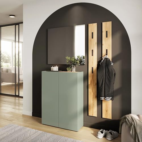 Lomadox Gardenroben Komplett Set 4-teilig in grün mit Eiche, griffloses Design Schuhschrank 74 cm breit Spiegel 2 Paneele Flurgarderobe von Lomadox