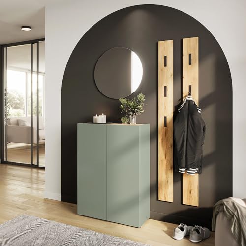 Lomadox Gardenroben Komplett Set 4-teilig in grün mit Eiche, griffloses Design Schuhschrank 74cm breit Spiegel rund 2 Paneele Flurgarderobe Lomadox Gardenroben Komplett Set 4-teilig in grün mit Eiche, griffloses Design Schuhschrank 74cm breit Spiegel rund 2 Paneele Flurgarderobe von Lomadox