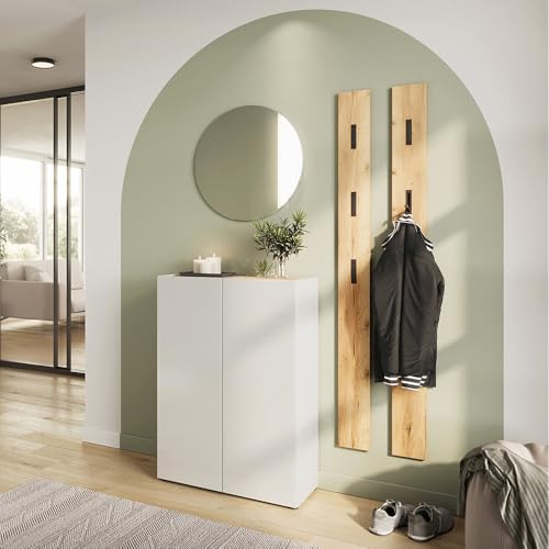 Lomadox Gardenroben Komplett Set 4-teilig in weiß mit Eiche, griffloses Design Schuhschrank 74cm breit Spiegel rund 2 Paneele Flurgarderobe von Lomadox