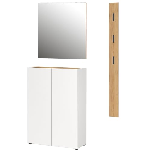 Lomadox Garderobe Flurgarderobe in weiß mit Eiche 3-teilig Schuhschrank grifflos Paneel 3 Kleiderhaken Spiegel 74 cm Breite modern Lomadox Garderobe Flurgarderobe in weiß mit Eiche 3-teilig Schuhschrank grifflos Paneel 3 Kleiderhaken Spiegel 74 cm Breite modern von Lomadox