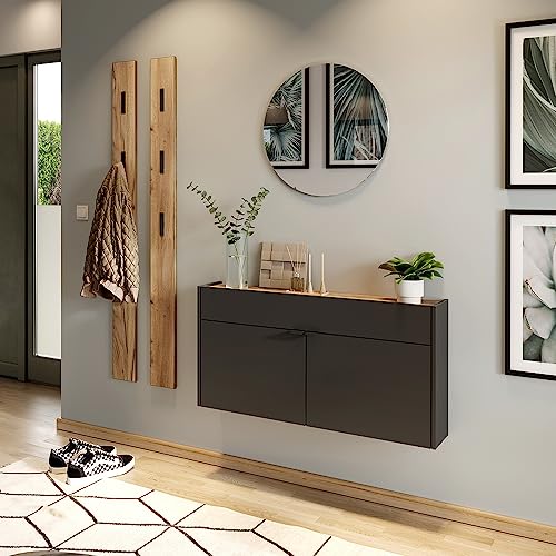 Lomadox Garderobe Flurgarderobe schmal in grau mit Eiche modern 4-teilig mit 2 Garderobenpaneelen, 1 Schuhschrank, 1 runder Spiegel von Lomadox