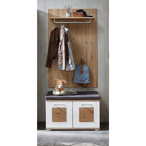 Lomadox Garderoben-Set 2-teilig in braun mit weiß | Flurgarderobe in Eiche mit weiß Hochglanz | Garderobenpaneel, Flurbank von Lomadox