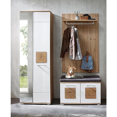 Lomadox Garderoben-Set 3-teilig in braun mit weiß | Flurgarderobe in Eiche mit weiß Hochglanz | Garderobenschrank, Garderobenpaneel, Flurbank Lomadox Garderoben-Set 3-teilig in braun mit weiß | Flurgarderobe in Eiche mit weiß Hochglanz | Garderobenschrank, Garderobenpaneel, Flurbank von Lomadox