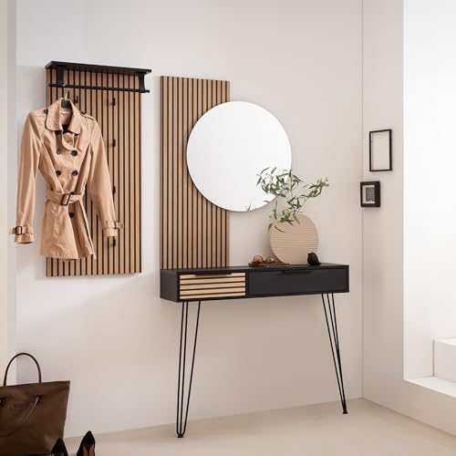 Lomadox Garderoben-Set 3-teilig mit Garderobenpaneel, Spiegel & Konsolentisch | Flurgarderobe in schwarz mit Akustikpaneel-Optik von Lomadox