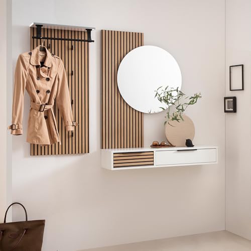 Lomadox Garderoben-Set 3-teilig mit Garderobenpaneel, Spiegel & Konsolentisch | Flurgarderobe in weiß mit Akustikpaneel-Optik von Lomadox