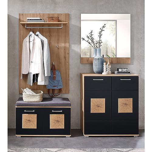 Lomadox Garderoben-Set 4-teilig in braun mit schwarz | Flurgarderobe in Eiche mit schwarz supermatt | Garderobenpaneel, Flurbank, Schuhschrank, Spiegel von Lomadox