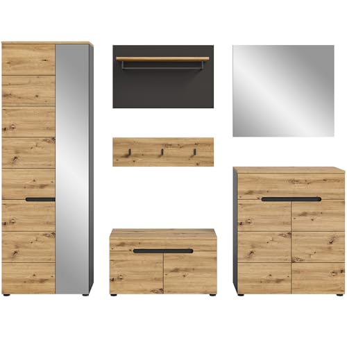 Lomadox Garderoben Set 5-teilig Garderobenschrank Flurbank Garderobenpaneel Spiegel Schuhschrank modern in Eiche mit grau von Lomadox