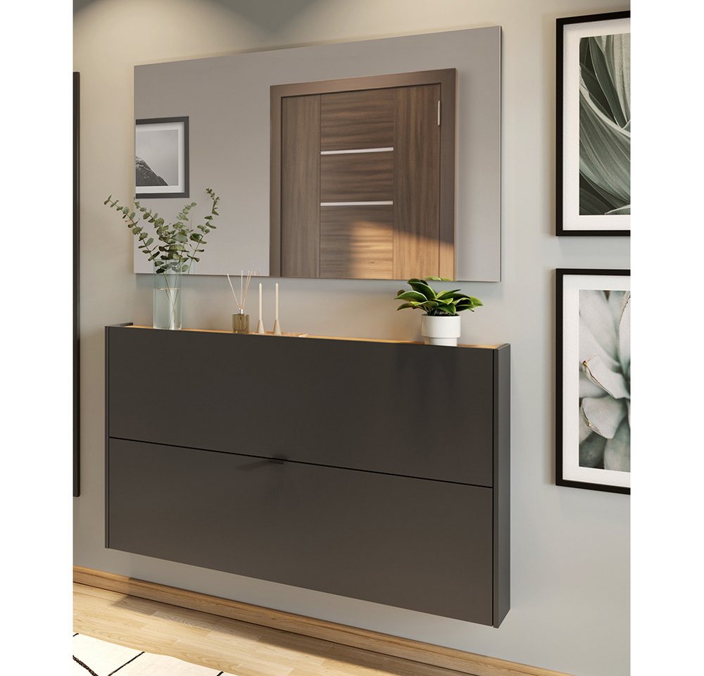 Lomadox Garderoben-Set ABERDEEN-01, (Spar-Set, 2-St), Schuhschrank und Spiegel, grau mit Eiche, ideal für schmale Flure von Lomadox