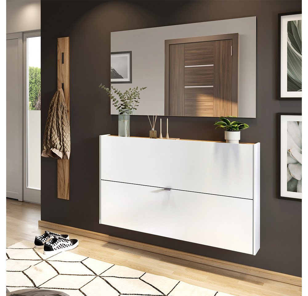 Lomadox Garderoben-Set ABERDEEN-01, (Spar-Set, 3-St., Garderobenpaneel Schuhschrank Spiegel), in weiß mit Eiche, wandhängend, ideal für schmale Flure von Lomadox