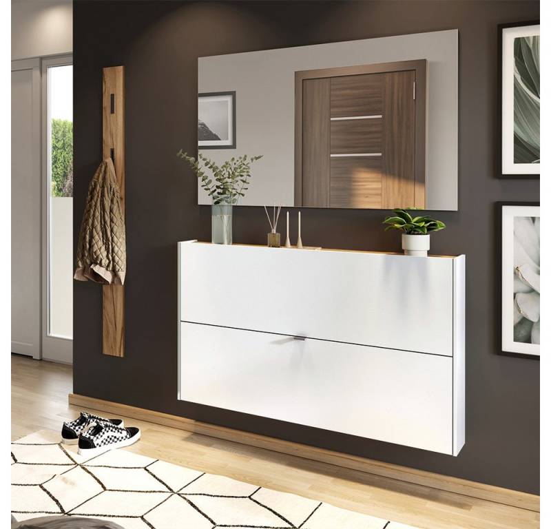 Lomadox Garderoben-Set ABERDEEN-01, (Spar-Set, 3-St., Garderobenpaneel Schuhschrank Spiegel), in weiß mit Eiche, wandhängend, ideal für schmale Flure von Lomadox