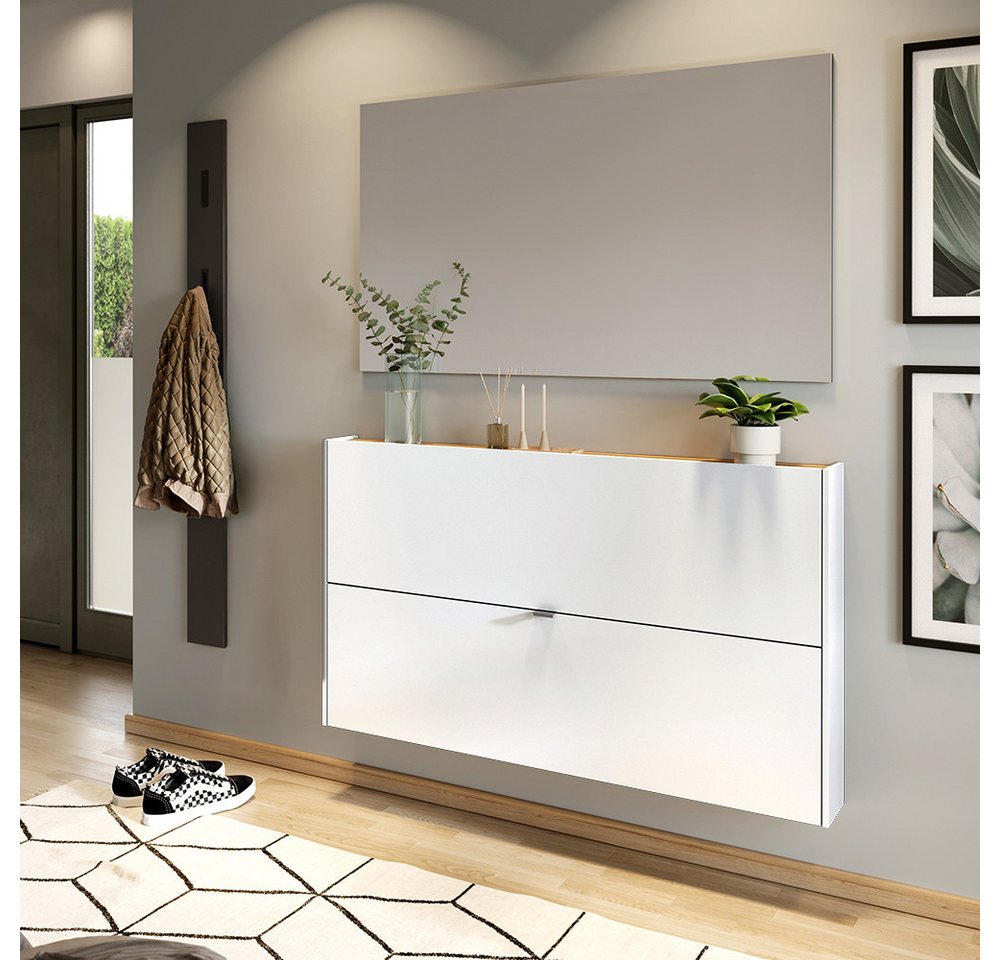 Lomadox Garderoben-Set ABERDEEN-01, (Spar-Set, 3-St., Garderobenpaneel Schuhschrank Spiegel), in weiß mit Eiche, wandhängend, ideal für schmale Flure von Lomadox