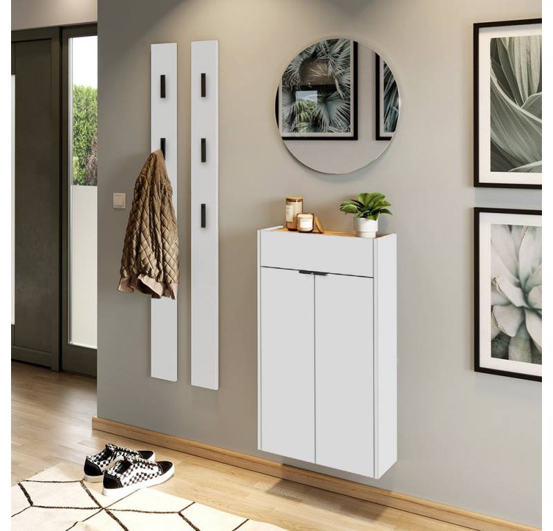 Lomadox Garderoben-Set ABERDEEN-01, (Spar-Set, 4-St., Garderobenspiegel Schuhschrank Garderobenpaneele), in weiß mit Eiche, wandhängend, ideal für schmale Flure von Lomadox