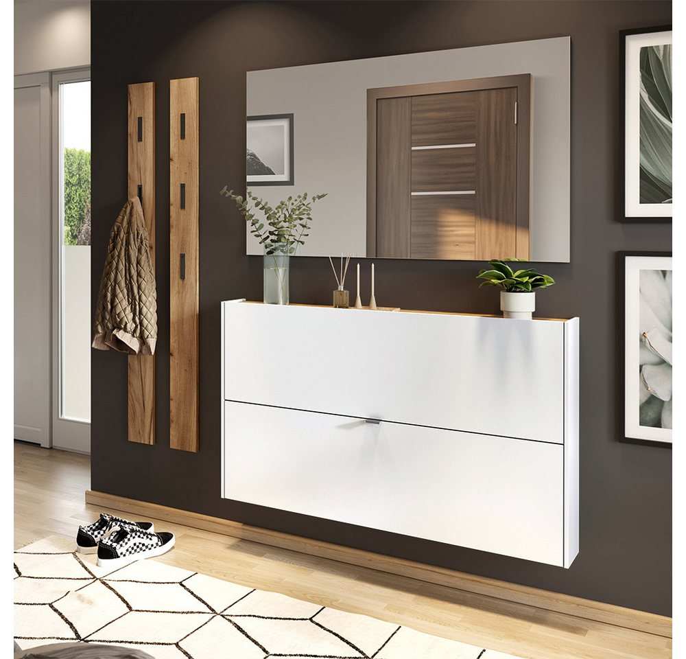 Lomadox Garderoben-Set ABERDEEN-01, (Spar-Set, 4-St., Schuhschrank Spiegel Garderobenpaneele), in weiß mit Eiche, wandhängend, ideal für schmale Flure von Lomadox