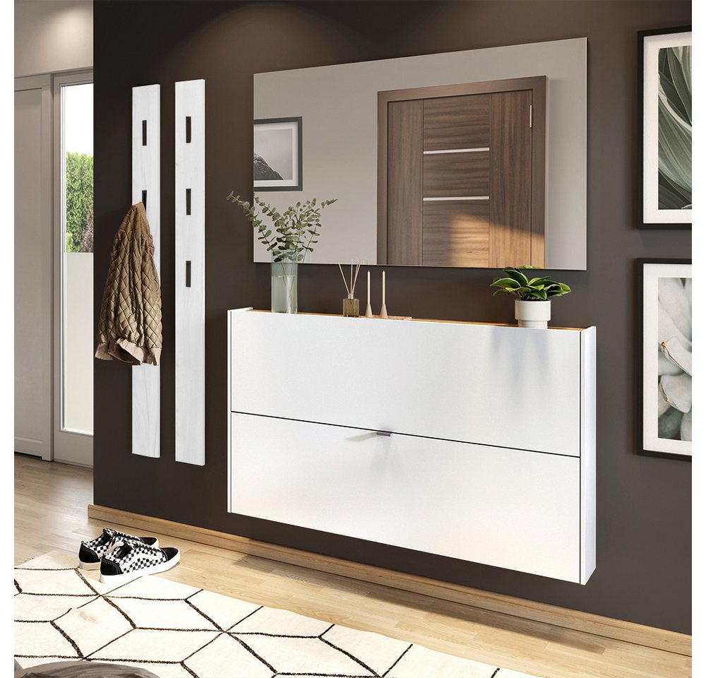 Lomadox Garderoben-Set ABERDEEN-01, (Spar-Set, 4-St., Schuhschrank Spiegel Garderobenpaneele), in weiß mit Eiche, wandhängend, ideal für schmale Flure von Lomadox