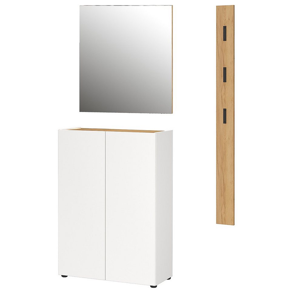 Lomadox Garderoben-Set ABURI-01, (Spar-Set, 2-St., Schuhschrank Spiegel), in weiß mit Eiche, griffloses Design, klappbare Haken, modern von Lomadox