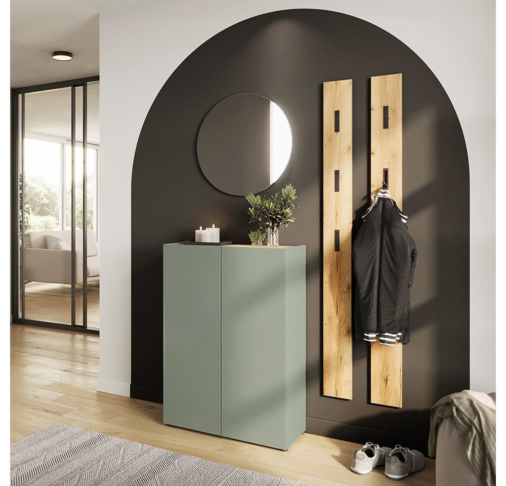 Lomadox Garderoben-Set ABURI-01, (Spar-Set, 4-St., Schuhschrank Spiegel Paneele), grün mit Eiche, griffloses Design, schmaler Flur von Lomadox