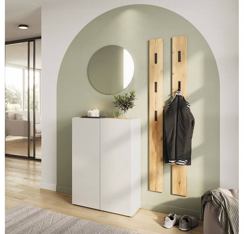 Lomadox Garderoben-Set ABURI-01, (Spar-Set, 4-St., Schuhschrank Spiegel Paneele), in weiß mit Eiche, grifflos, klappbare Haken, modern von Lomadox