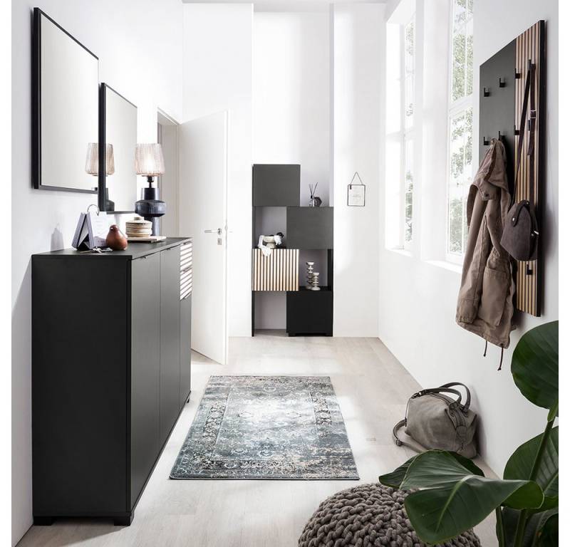 Lomadox Garderoben-Set ALTAMURA-80, (Spar-Set, 5-St., Schuhschrank Spiegel Wandpaneel Regalschrank), modern schwarz matt mit Eiche Natur von Lomadox
