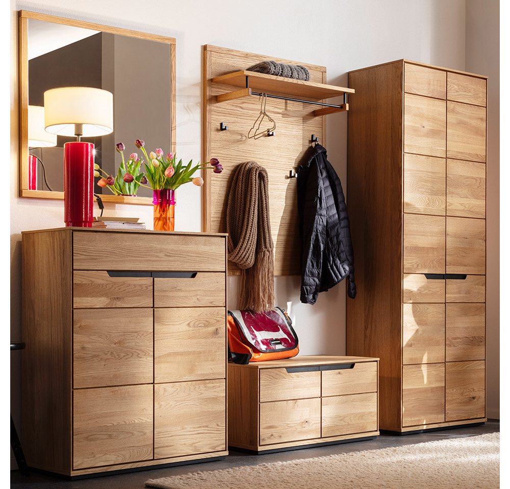 Lomadox Garderoben-Set AVESTA-06, (Spar-Set, 5-St., Garderobenbank Paneel Garderobenschrank Spiegel Schuhschrank), in Eiche teilmassiv, grifflos von Lomadox
