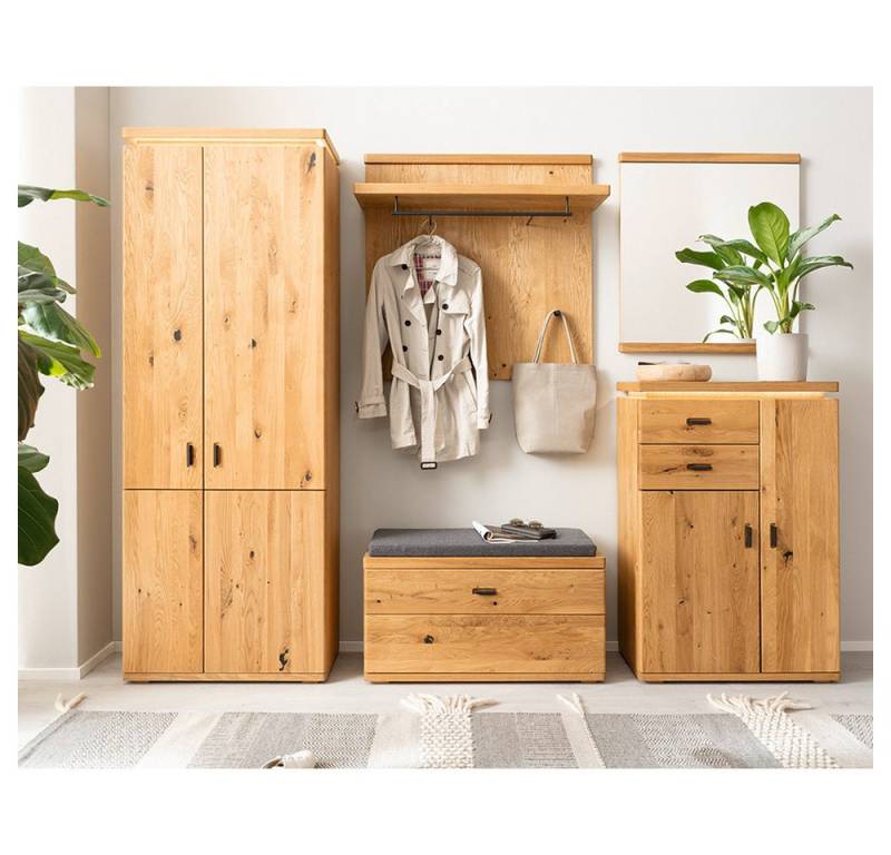 Lomadox Garderoben-Set BELLAMONTE-05, (Spar-Set, 6-St., Kommode Spiegel Paneel Bank Sitzkissen Schrank), Balkeneiche teilmassiv, zum Teil momtiert, 6-teilig von Lomadox