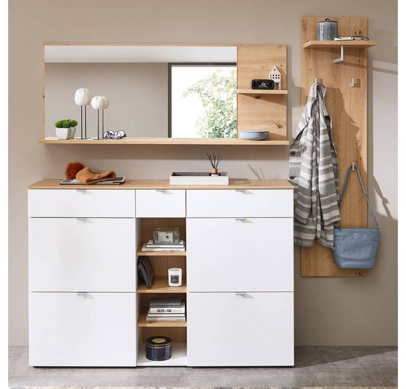 Lomadox Garderoben-Set BLISS-36, (Spar-Set, 3-St., Garderobenpaneel Schuhschrank Spiegel), weiß matt Eiche Kommode Garderobenpaneel Spiegel von Lomadox