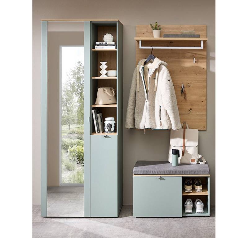 Lomadox Garderoben-Set BLISS-36, (Spar-Set, 3-St., Garderobenschrank Garderobenbank Garderobenpaneel), Garderobe modern grün matt Eiche mit Garderobenschrank von Lomadox