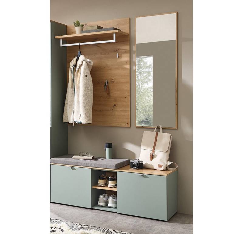 Lomadox Garderoben-Set BLISS-36, (Spar-Set, 3-St., Schuhbank Garderobenpaneel Spiegel), grün matt Eiche Garderobe Bank inkl. Sitzpolster Spiegel Wandgarderobe von Lomadox