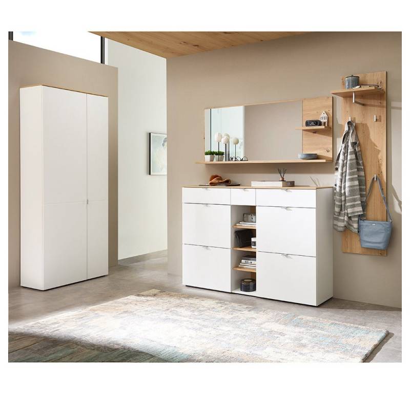 Lomadox Garderoben-Set BLISS-36, (Spar-Set, 4-St., Schuhschrank Garderobenpaneel Kommode Spiegel), weiß matt Eiche Schuhschrank Spiegel Garderobenpaneel von Lomadox