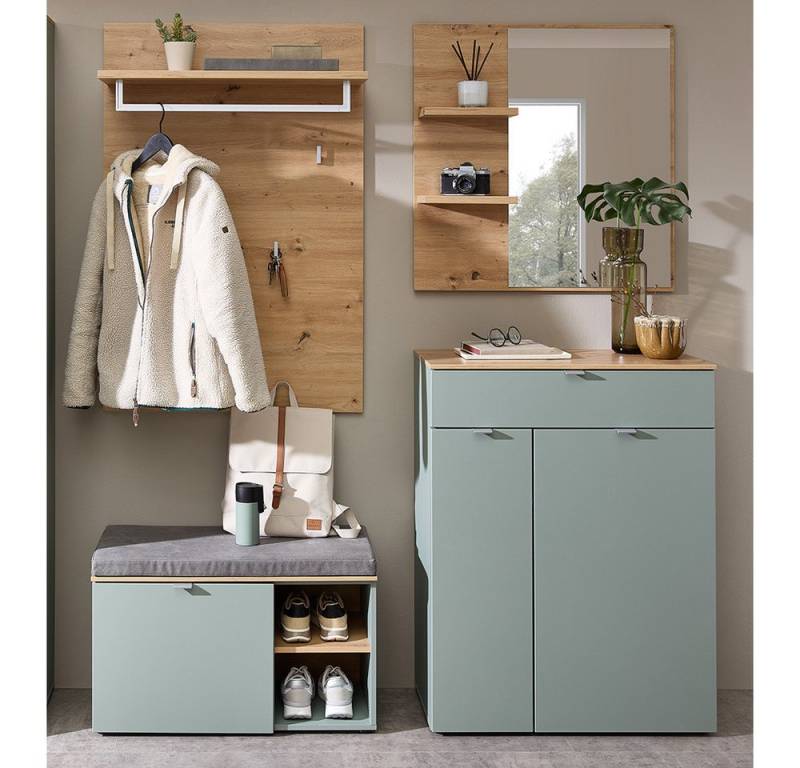 Lomadox Garderoben-Set BLISS-36, (Spar-Set, 4-St., Garderobenbank Garderobenpaneel Kommode Spiegel), grün matt Eiche Flurgarderobe mit Schuhbank inkl. Sitzpolster von Lomadox