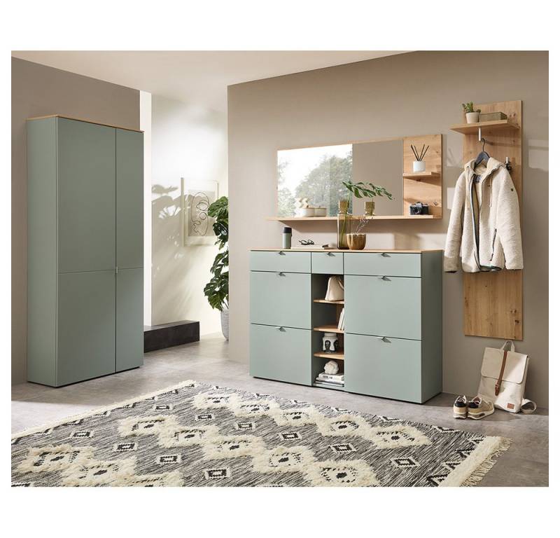 Lomadox Garderoben-Set BLISS-36, (Spar-Set, 4-St., Schuhschrank Kommode Garderobenpaneel Spiegel), grün matt Eiche Schuhschrank Spiegel Garderobenpaneel von Lomadox