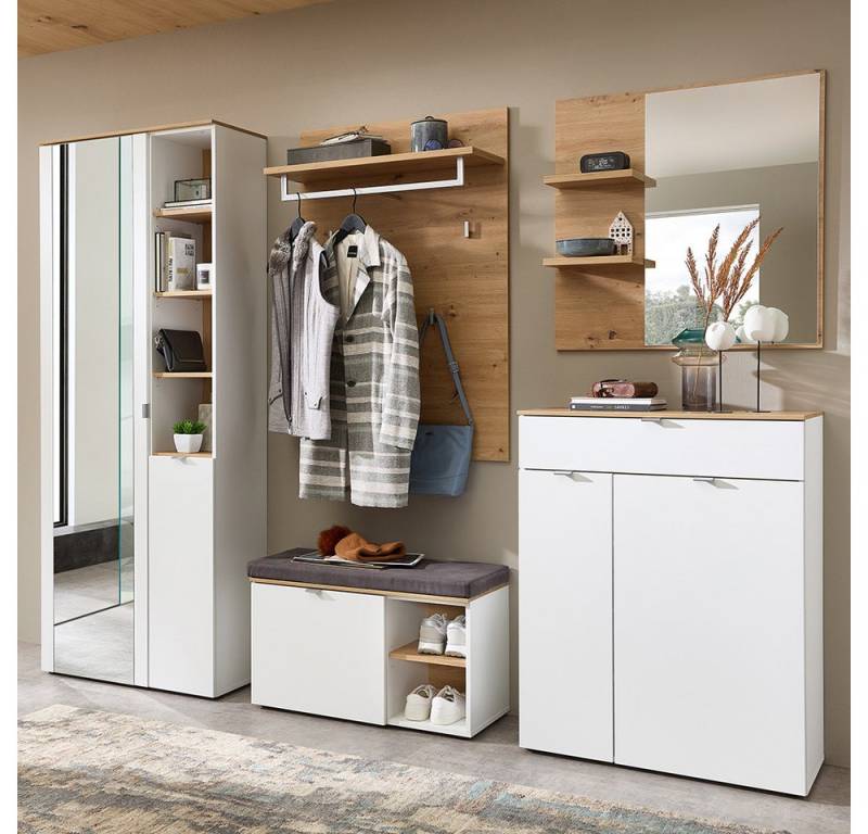 Lomadox Garderoben-Set BLISS-36, (Spar-Set, 5-St., Garderobenschrank Garderobenbank Garderobenpaneel Kommode Spiegel), weiß matt Eiche Flurgarderobe Garderobe modern von Lomadox