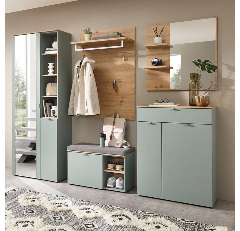 Lomadox Garderoben-Set BLISS-36, (Spar-Set, 5-St., Garderobenschrank Garderobenbank Garderobenpaneel Kommode Spiegel), grün matt Eiche Flurgarderobe Garderobe modern von Lomadox