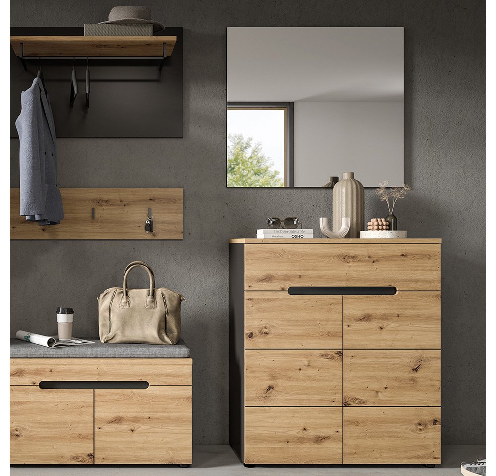 Lomadox Garderoben-Set CORTONA-158, (Spar-Set, 2-St., Schuhkommode Spiegel), Garderobenmöbel Flurmöbel Flurschrank modern in Eiche mit grau von Lomadox
