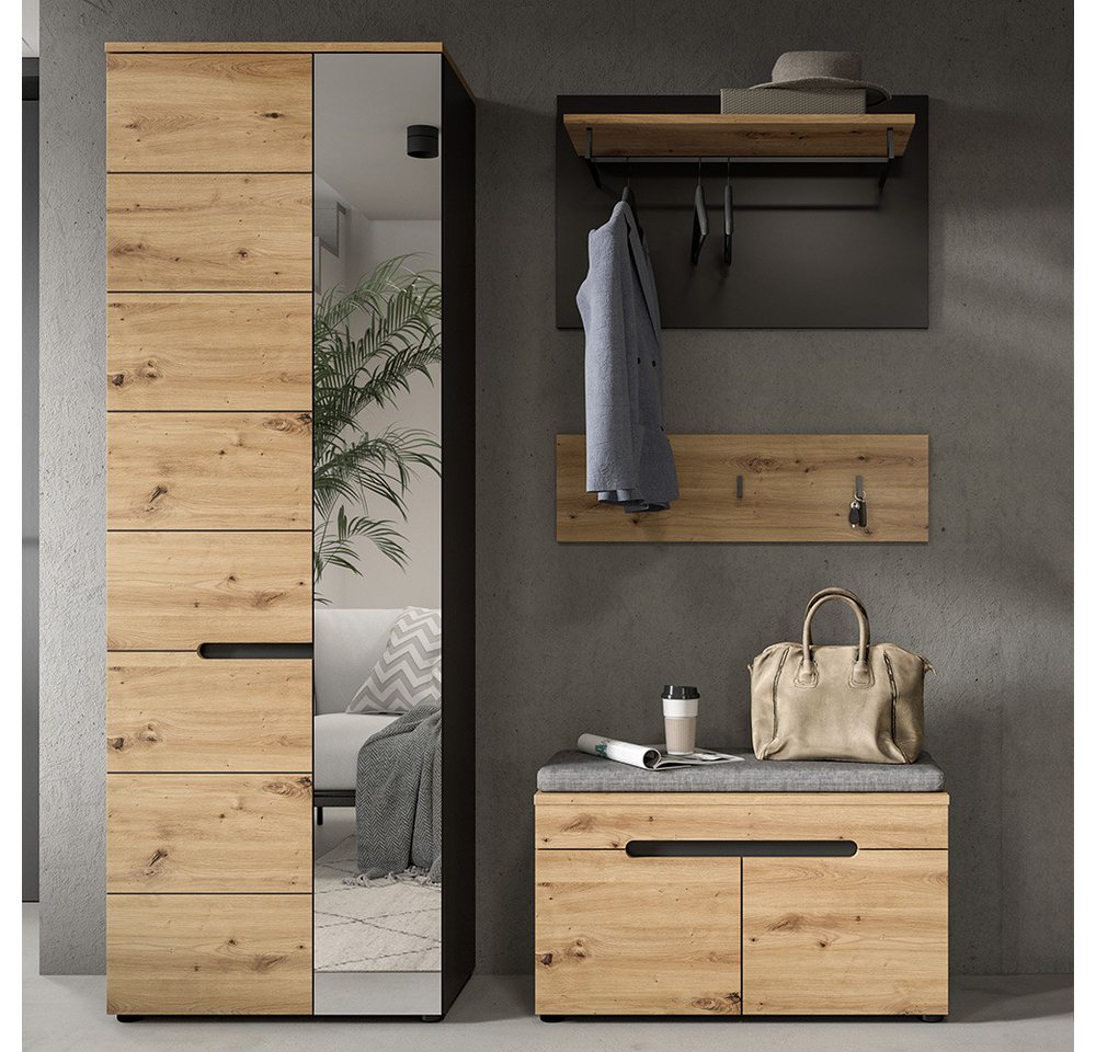 Lomadox Garderoben-Set CORTONA-158, (Spar-Set, 3-St., Garderobenschrank Flurbank Garderobenpaneel), Garderobenmöbel Flurmöbel Flurschrank modern in Eiche mit grau von Lomadox