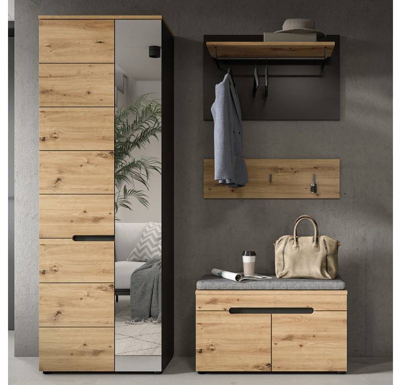 Lomadox Garderoben-Set CORTONA-158, (Spar-Set, 3-St., Garderobenschrank Flurbank Garderobenpaneel), Garderobenmöbel Flurmöbel Flurschrank modern in Eiche mit grau von Lomadox