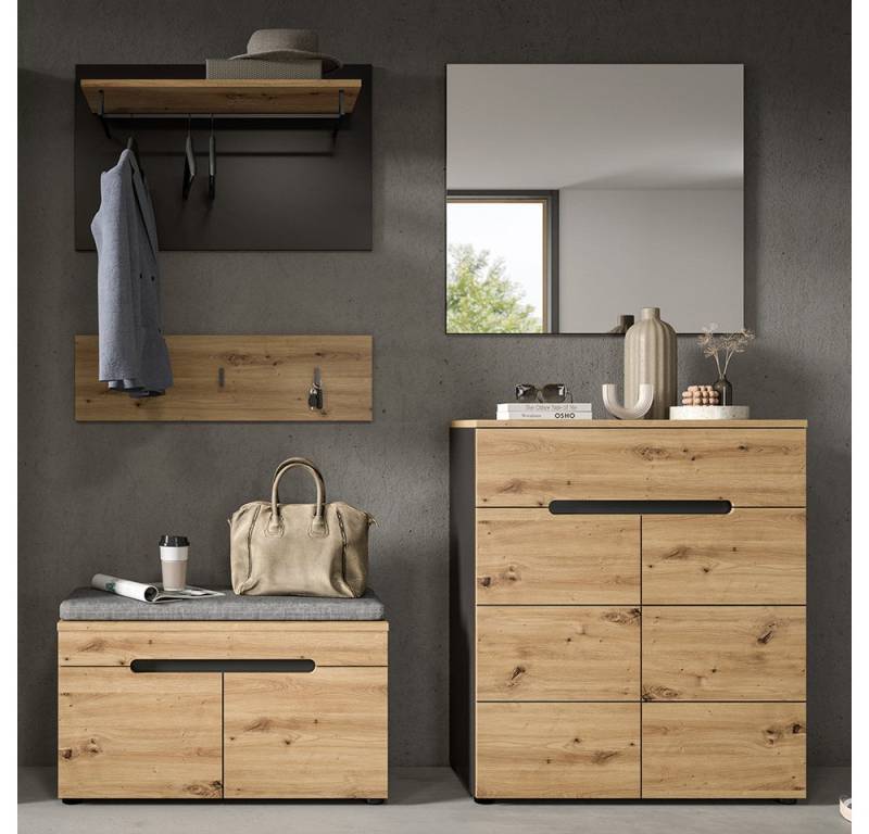 Lomadox Garderoben-Set CORTONA-158, (Spar-Set, 4-St., Garderobenpaneel Flurbank Schuhkommode Spiegel), Garderobenmöbel Flurmöbel Flurschrank modern in Eiche mit grau von Lomadox