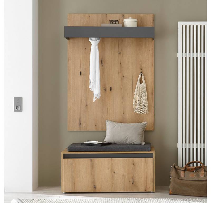 Lomadox Garderoben-Set CRISP-61, (Spar-Set, 2-St., Garderobenpaneel Schuhbank), Eiche Nb. mit anthrazit, grifflos, Spiegelfläche von Lomadox