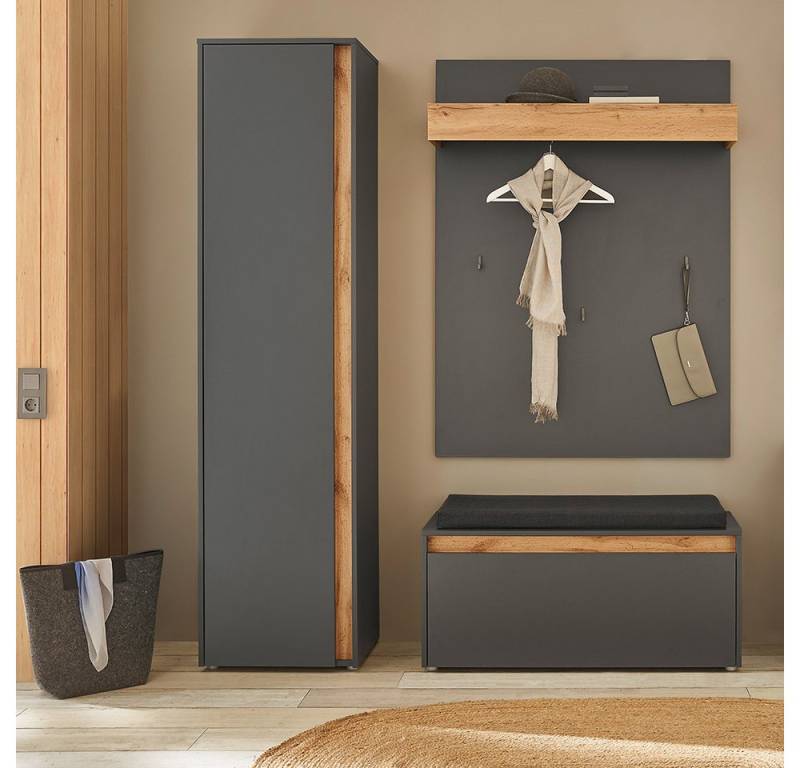 Lomadox Garderoben-Set CRISP-61, (Spar-Set, 3-St., Garderobenpaneel Schuhbank Garderobenschrank), in anthrazit mit Wotan Eiche Nb., mit Sitzkissen von Lomadox