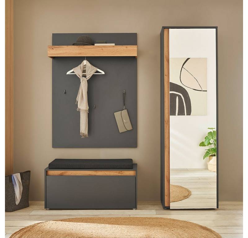 Lomadox Garderoben-Set CRISP-61, (Spar-Set, 3-St., Garderobenpaneel Schuhbank Garderobenschrank), in anthrazit mit Wotan Eiche Nb., mit Spiegeltür von Lomadox