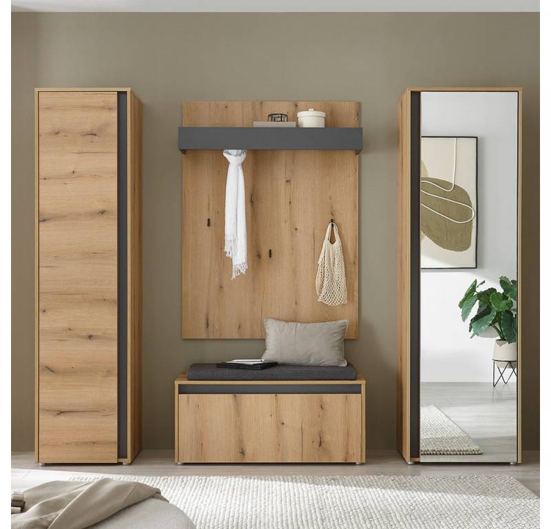 Lomadox Garderoben-Set CRISP-61, (Spar-Set, 4-St., Garderobenpaneel Schuhbank Flurschränke), Eiche Nb. mit anthrazit, grifflos, Spiegelfläche von Lomadox