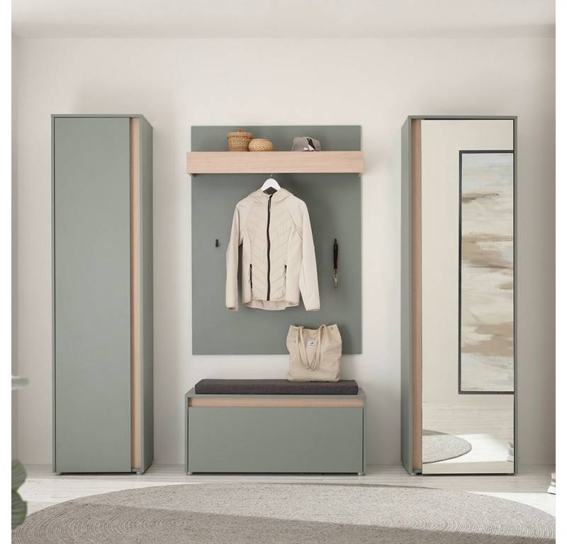Lomadox Garderoben-Set CRISP-61, (Spar-Set, 4-St., Garderobenpaneel Schuhbank Flurschrank Spiegelschrank), grün mit Eiche Nb., grifflos, Spiegelfläche von Lomadox