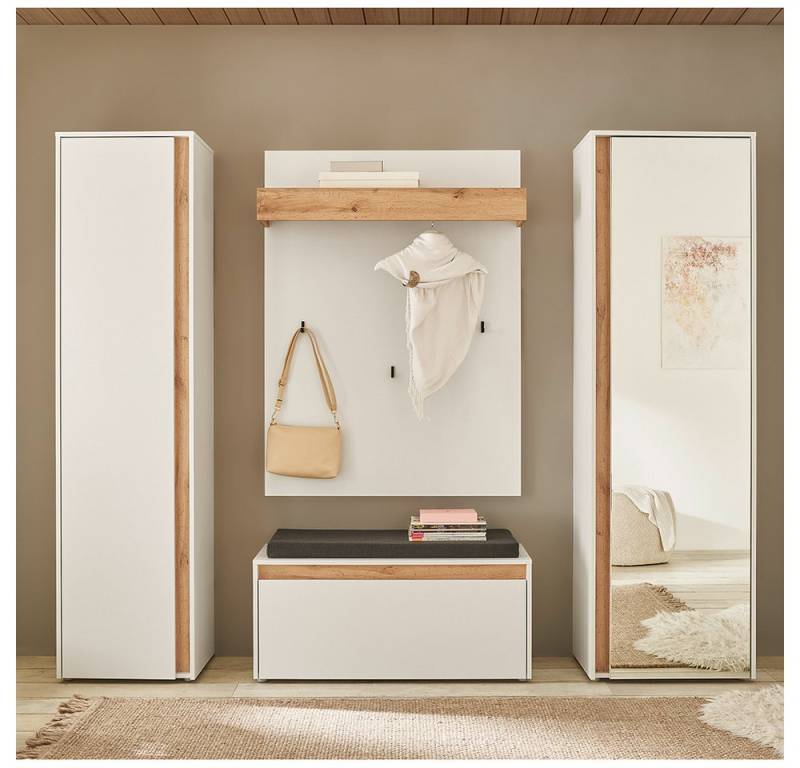 Lomadox Garderoben-Set CRISP-61, (Spar-Set, 4-St., Garderobenpaneel Schuhbank Garderobenschrank), in weiß mit Eiche Nb. modern, mit Sitzkissen von Lomadox