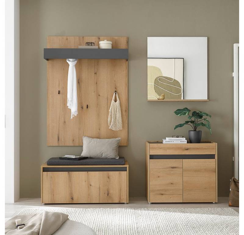 Lomadox Garderoben-Set CRISP-61, (Spar-Set, 4-St., Garderobenpaneel Schuhbank Spiegel Kommode), Eiche Nb. mit anthrazit, grifflos, Spiegelfläche von Lomadox